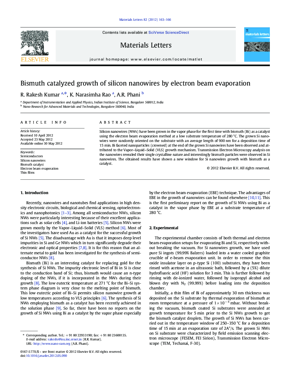 Bismuth catalyzed growth of silicon nanowires by electron beam evaporation