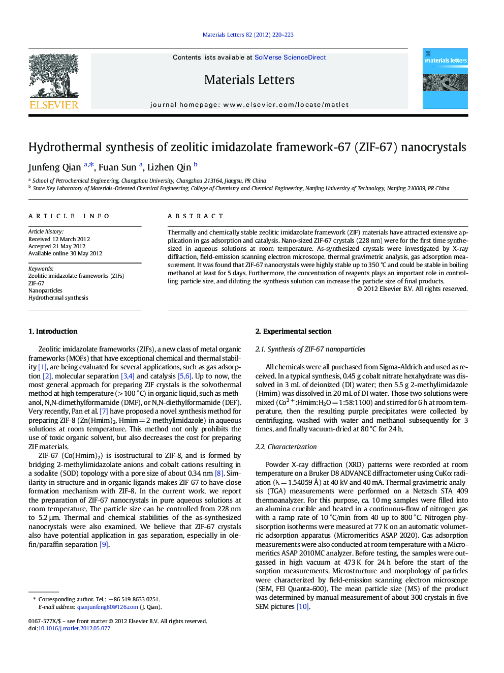 Hydrothermal synthesis of zeolitic imidazolate framework-67 (ZIF-67) nanocrystals