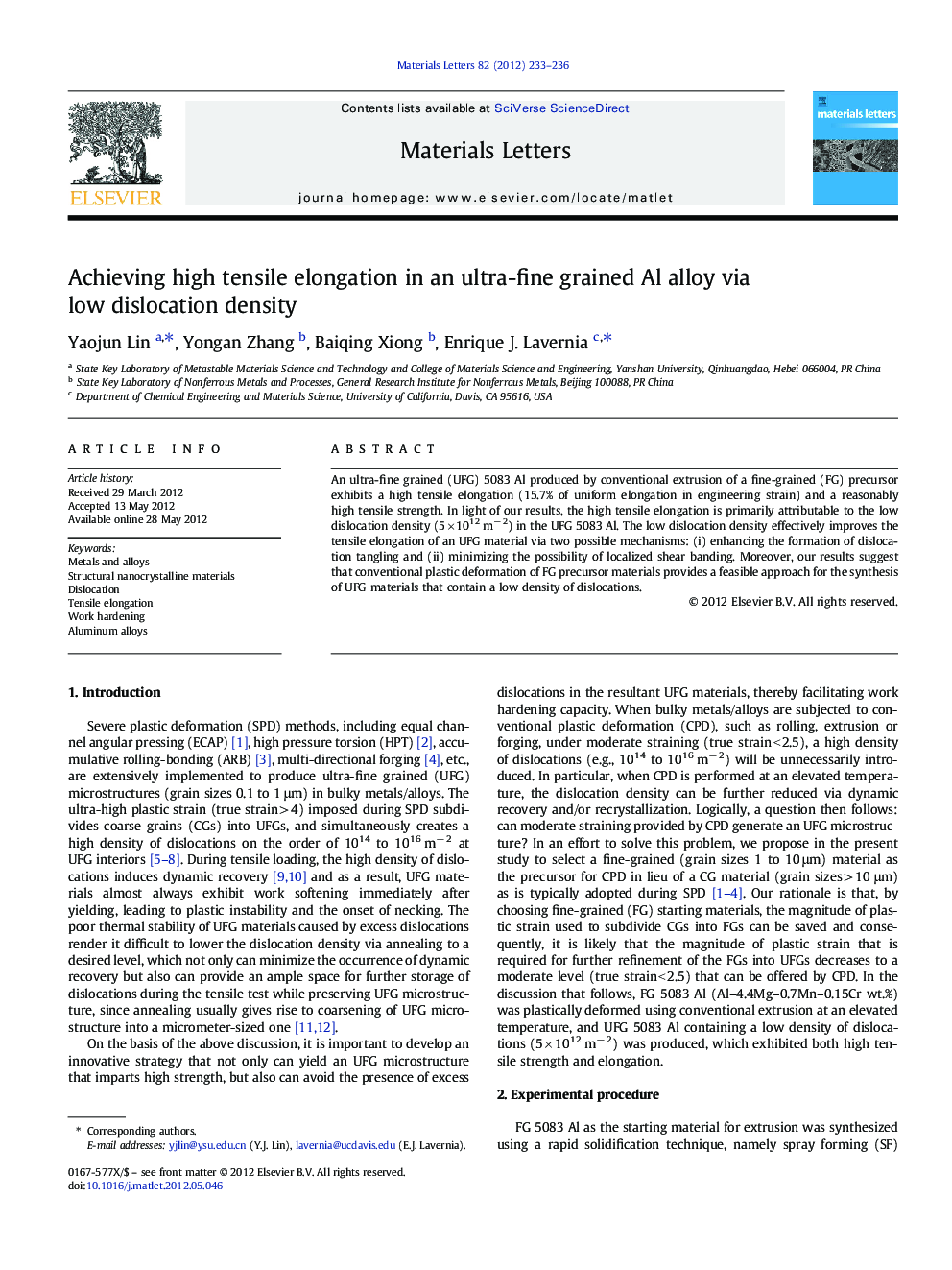 Achieving high tensile elongation in an ultra-fine grained Al alloy via low dislocation density