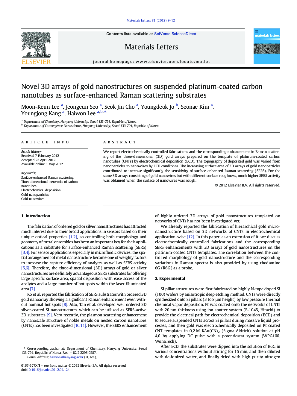 Novel 3D arrays of gold nanostructures on suspended platinum-coated carbon nanotubes as surface-enhanced Raman scattering substrates