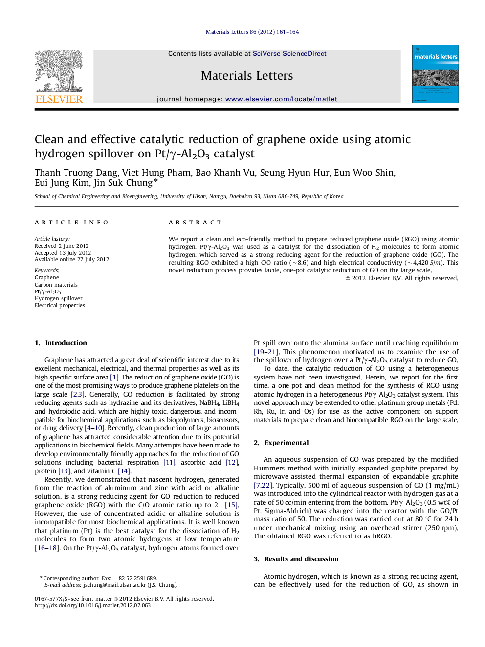 Clean and effective catalytic reduction of graphene oxide using atomic hydrogen spillover on Pt/γ-Al2O3 catalyst