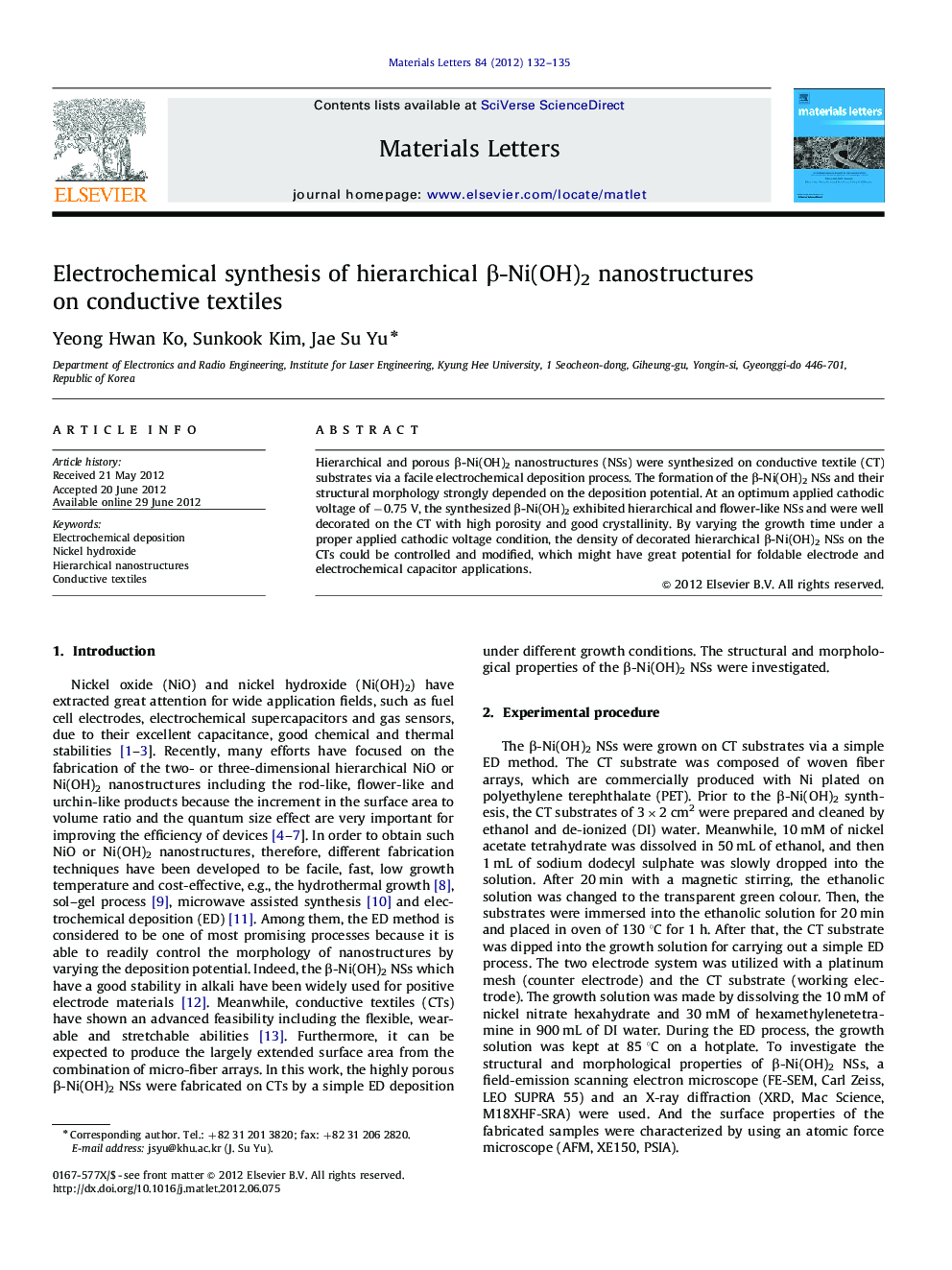 Electrochemical synthesis of hierarchical β-Ni(OH)2 nanostructures on conductive textiles