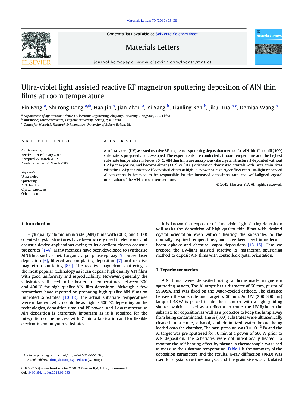 Ultra-violet light assisted reactive RF magnetron sputtering deposition of AlN thin films at room temperature