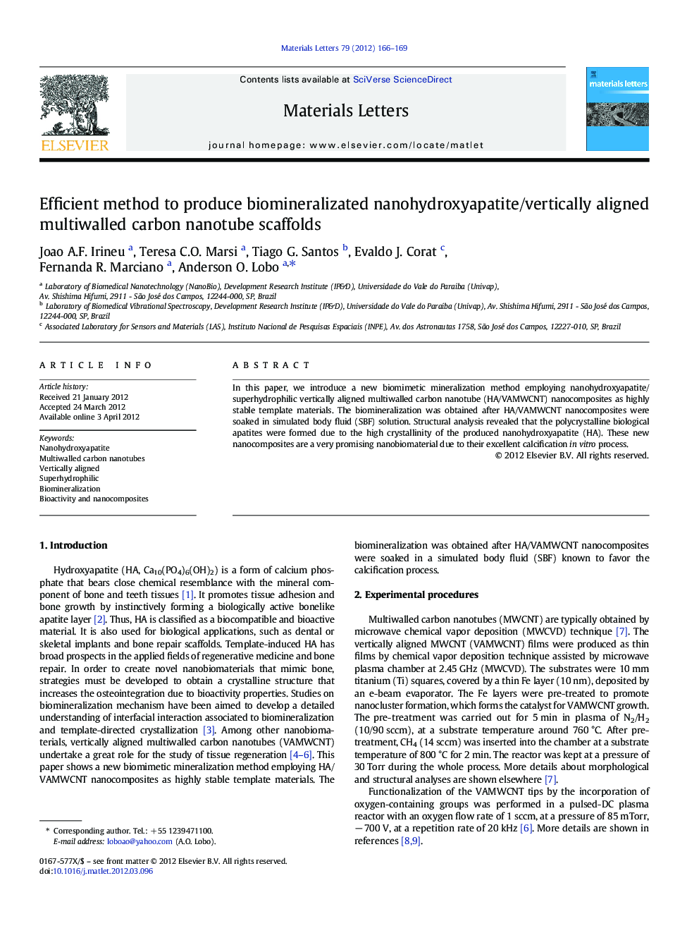 Efficient method to produce biomineralizated nanohydroxyapatite/vertically aligned multiwalled carbon nanotube scaffolds