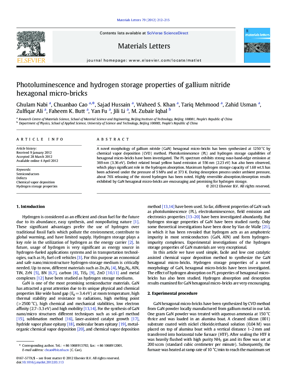 Photoluminescence and hydrogen storage properties of gallium nitride hexagonal micro-bricks