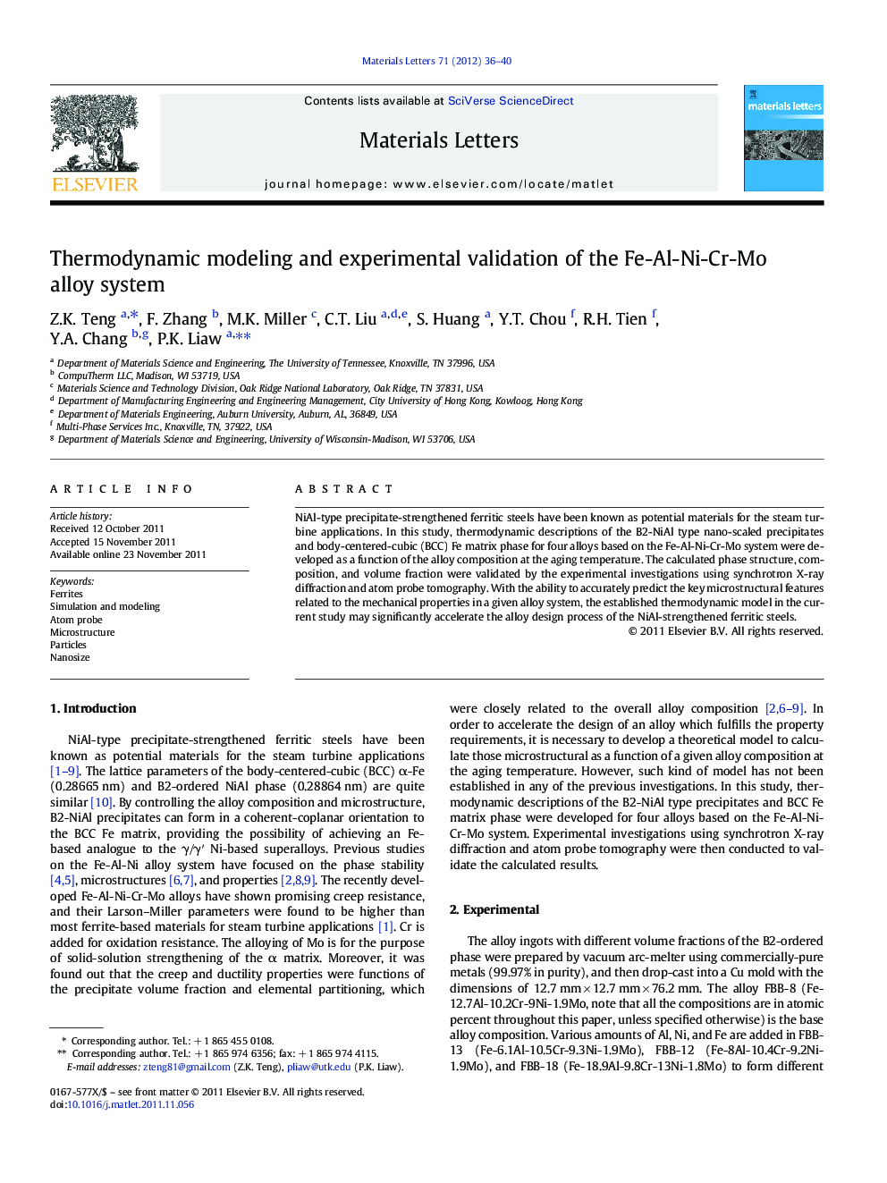 Thermodynamic modeling and experimental validation of the Fe-Al-Ni-Cr-Mo alloy system