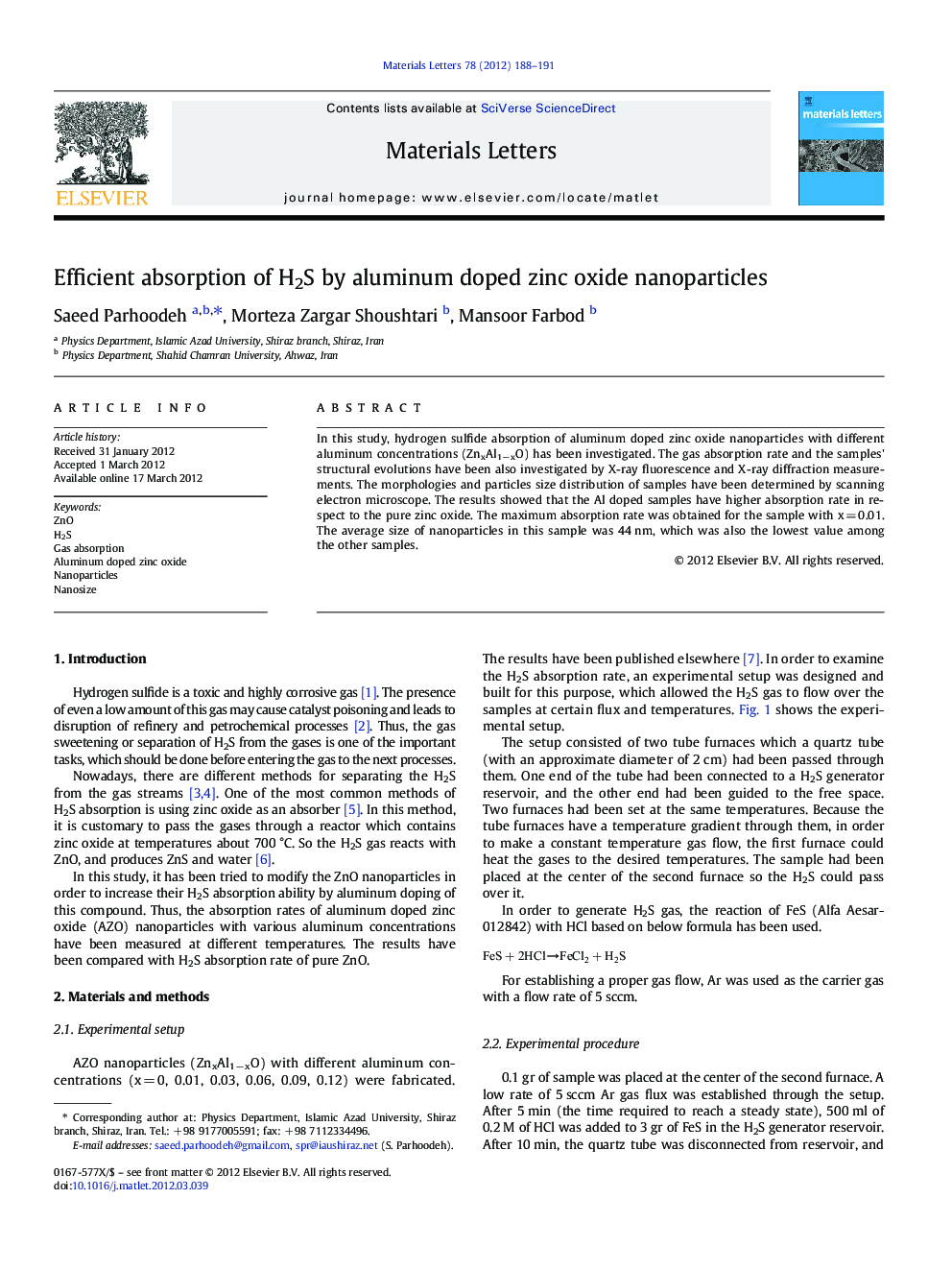 Efficient absorption of H2S by aluminum doped zinc oxide nanoparticles