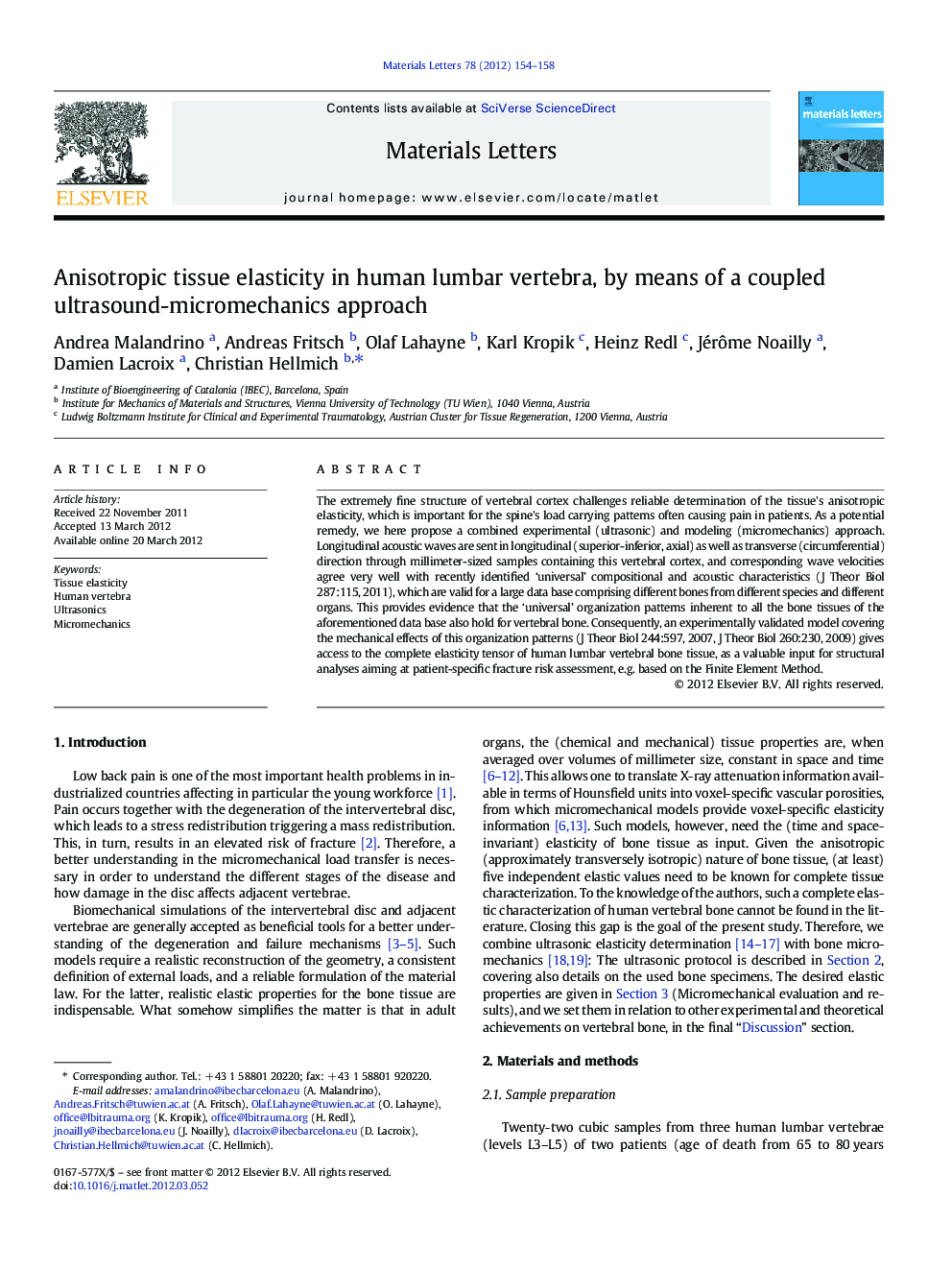 Anisotropic tissue elasticity in human lumbar vertebra, by means of a coupled ultrasound-micromechanics approach