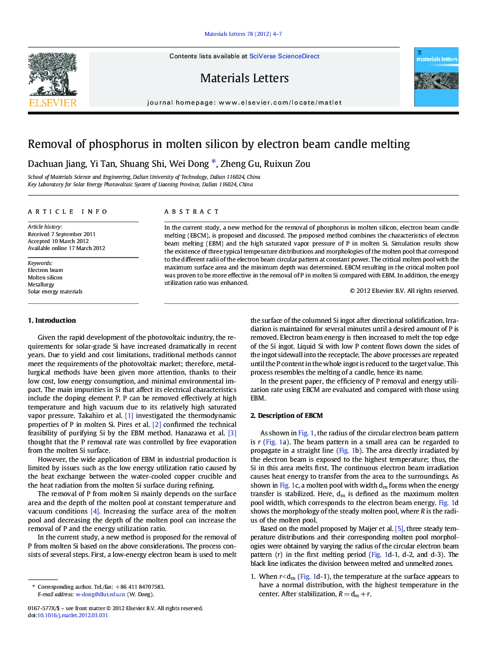 Removal of phosphorus in molten silicon by electron beam candle melting