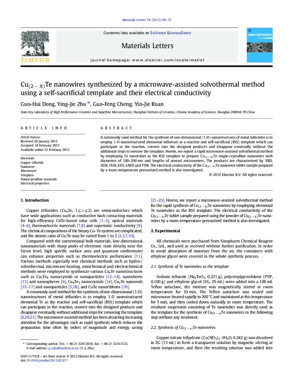 Cu(2 − X)Te nanowires synthesized by a microwave-assisted solvothermal method using a self-sacrificial template and their electrical conductivity