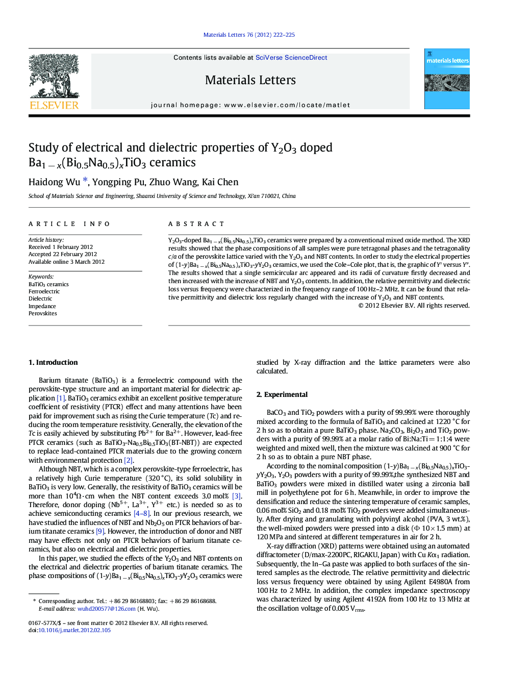 Study of electrical and dielectric properties of Y2O3 doped Ba1 − x(Bi0.5Na0.5)xTiO3 ceramics