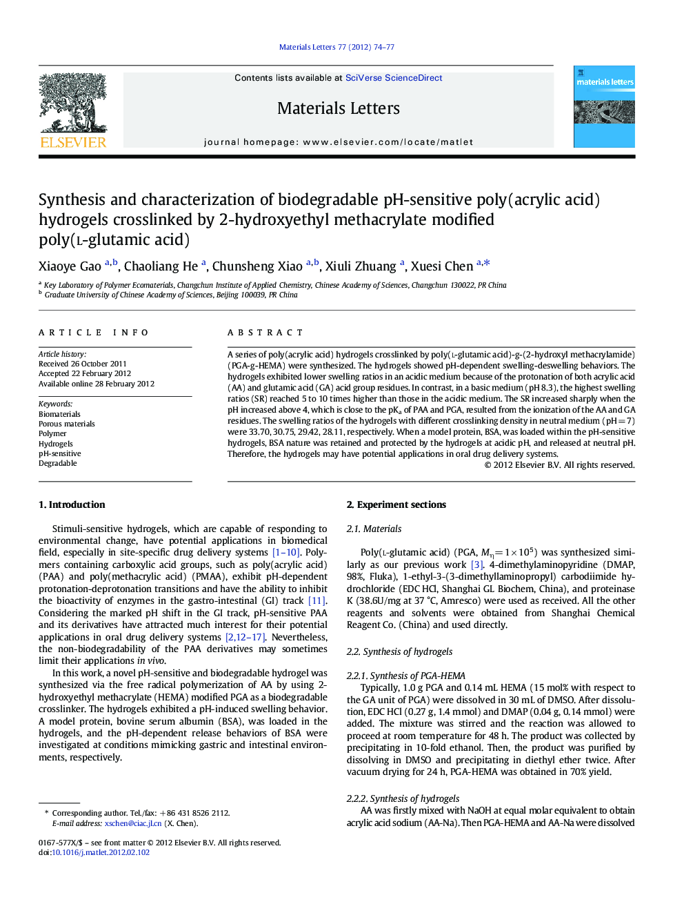 Synthesis and characterization of biodegradable pH-sensitive poly(acrylic acid) hydrogels crosslinked by 2-hydroxyethyl methacrylate modified poly(L-glutamic acid)