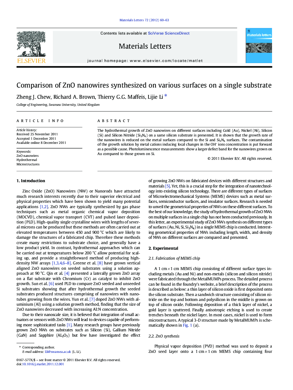 Comparison of ZnO nanowires synthesized on various surfaces on a single substrate