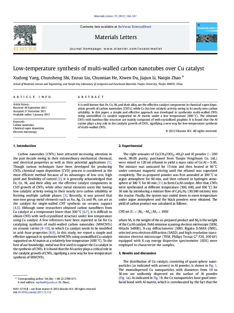 Low-temperature synthesis of multi-walled carbon nanotubes over Cu catalyst