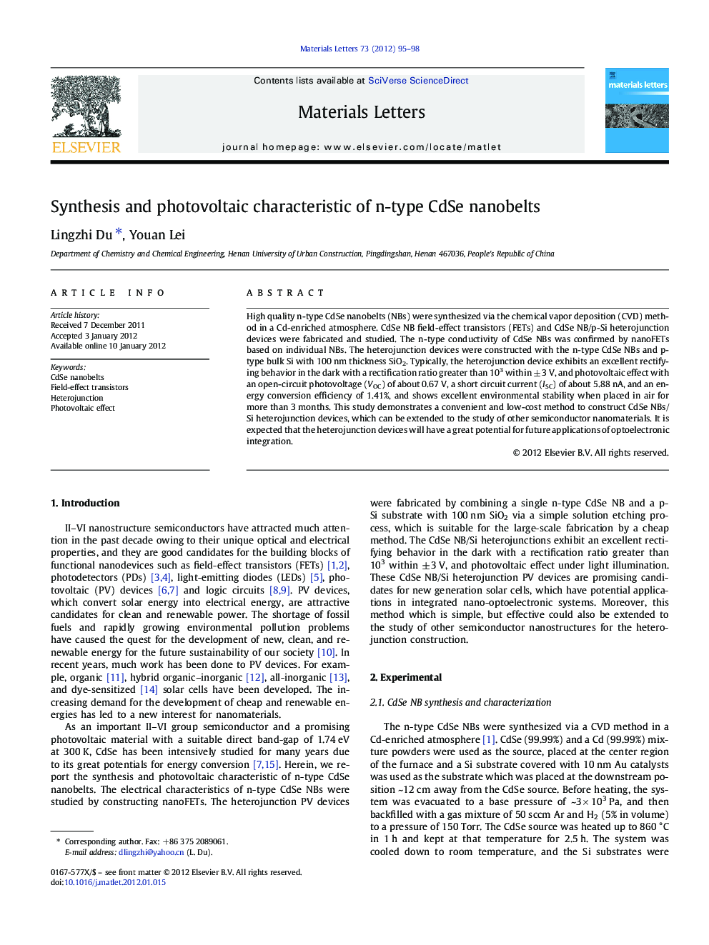 Synthesis and photovoltaic characteristic of n-type CdSe nanobelts