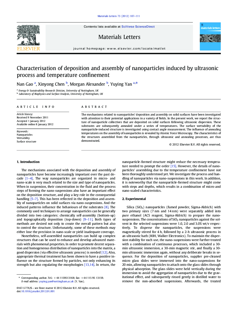 Characterisation of deposition and assembly of nanoparticles induced by ultrasonic process and temperature confinement