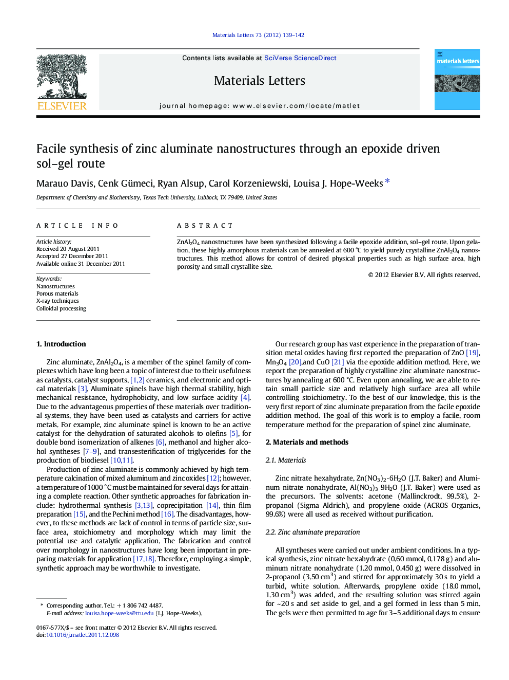 Facile synthesis of zinc aluminate nanostructures through an epoxide driven sol–gel route