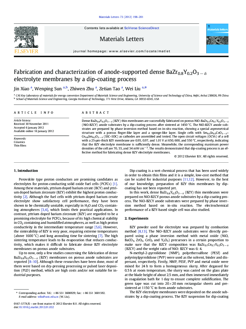 Fabrication and characterization of anode-supported dense BaZr0.8Y0.2O3 − δ electrolyte membranes by a dip-coating process