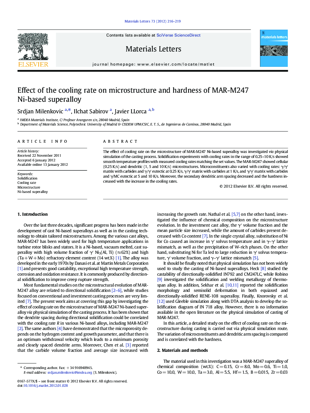 Effect of the cooling rate on microstructure and hardness of MAR-M247 Ni-based superalloy