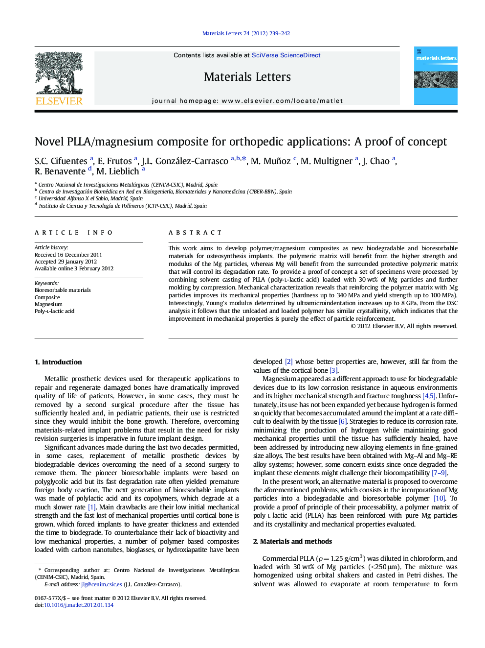 Novel PLLA/magnesium composite for orthopedic applications: A proof of concept