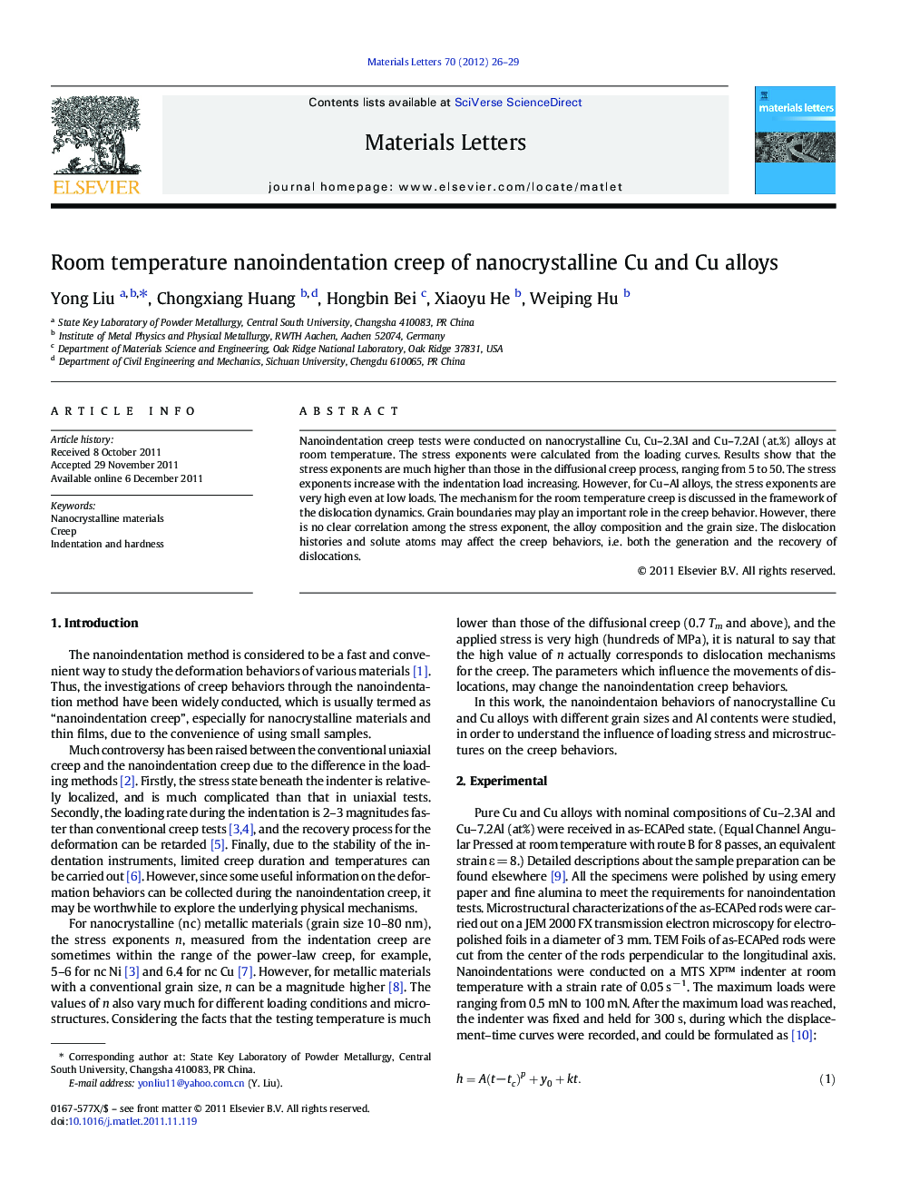 Room temperature nanoindentation creep of nanocrystalline Cu and Cu alloys