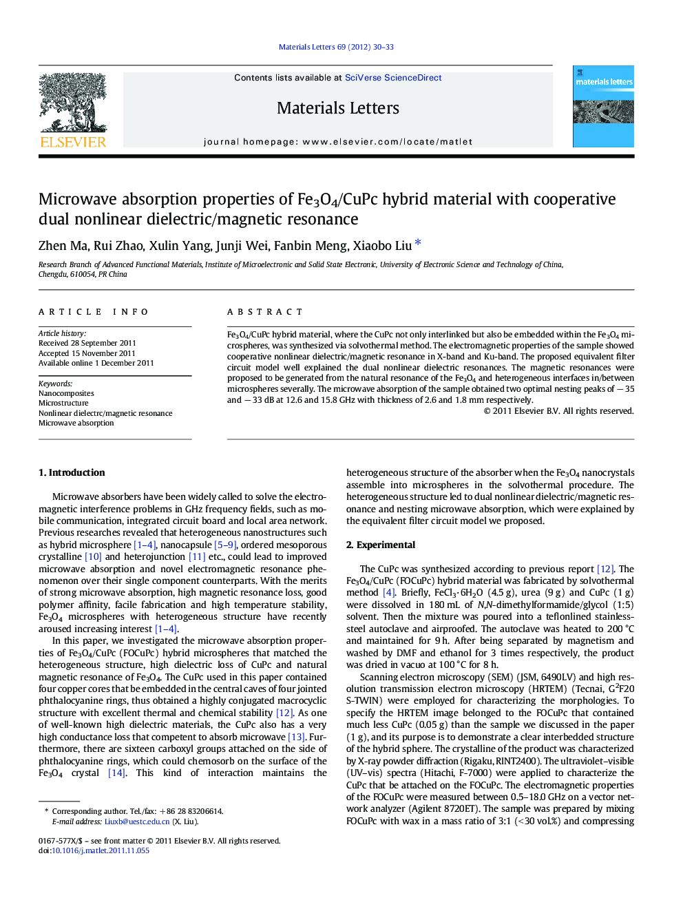 Microwave absorption properties of Fe3O4/CuPc hybrid material with cooperative dual nonlinear dielectric/magnetic resonance