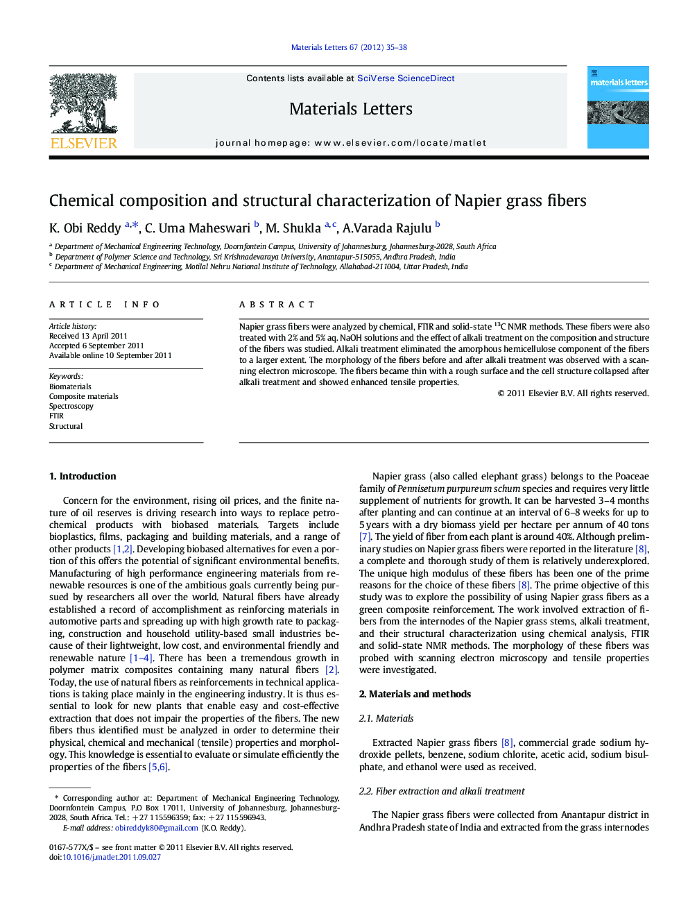 Chemical composition and structural characterization of Napier grass fibers