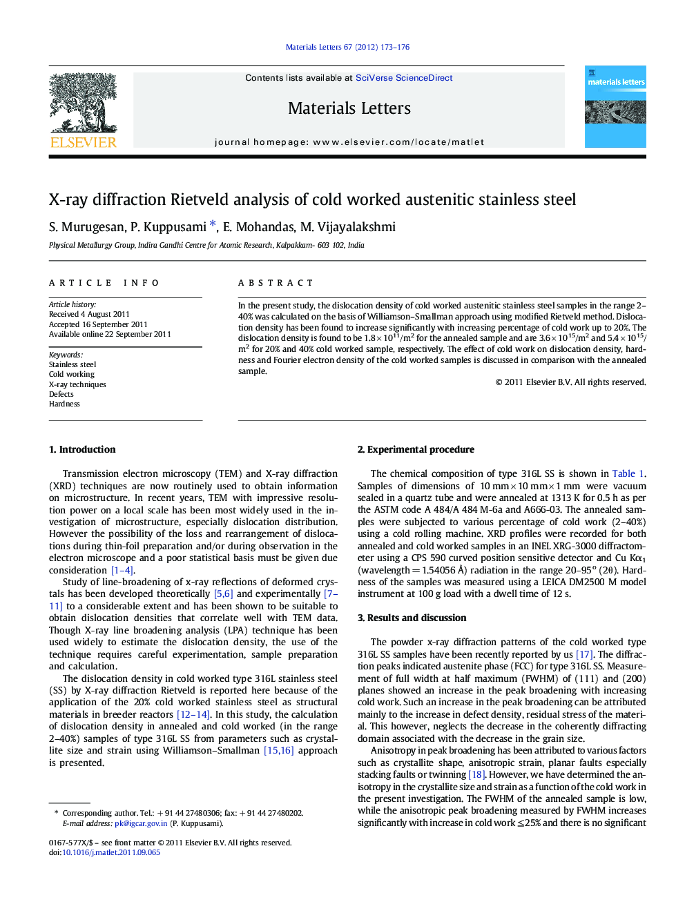 X-ray diffraction Rietveld analysis of cold worked austenitic stainless steel