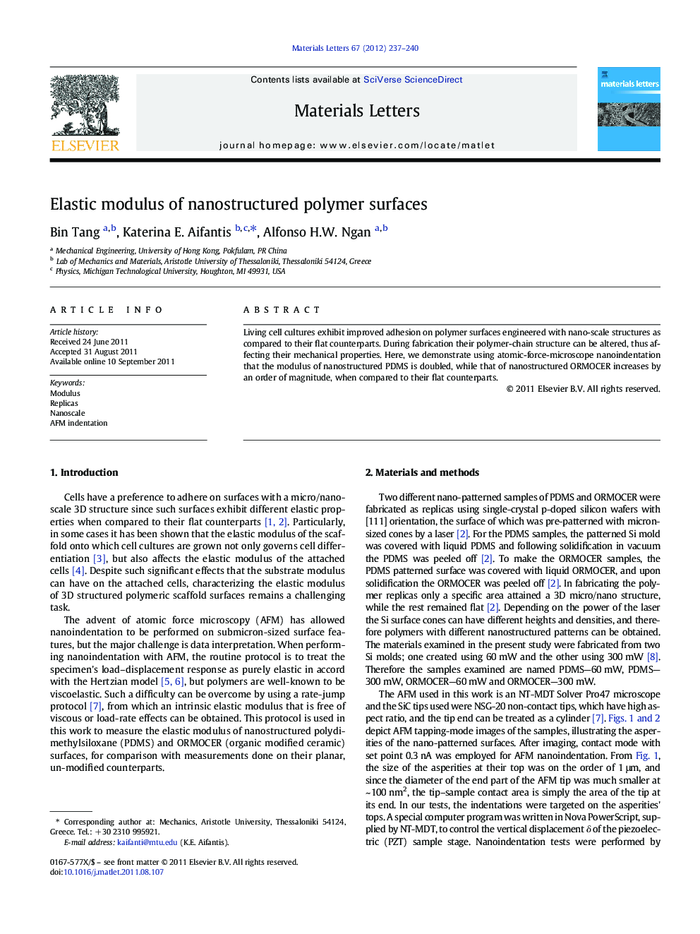 Elastic modulus of nanostructured polymer surfaces