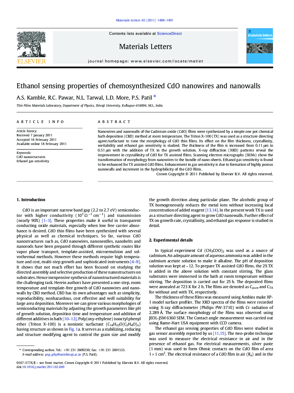 Ethanol sensing properties of chemosynthesized CdO nanowires and nanowalls