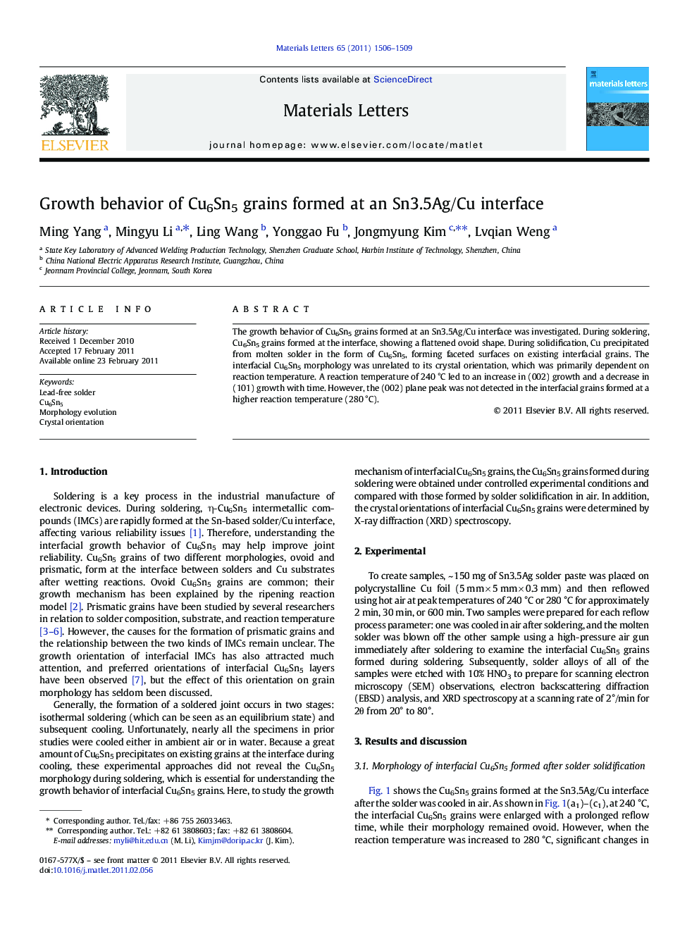 Growth behavior of Cu6Sn5 grains formed at an Sn3.5Ag/Cu interface