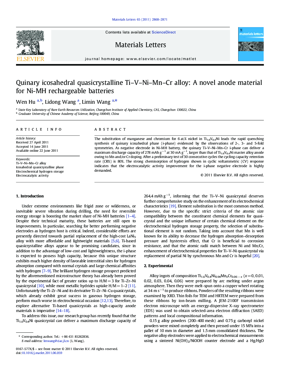 Quinary icosahedral quasicrystalline Ti–V–Ni–Mn–Cr alloy: A novel anode material for Ni-MH rechargeable batteries