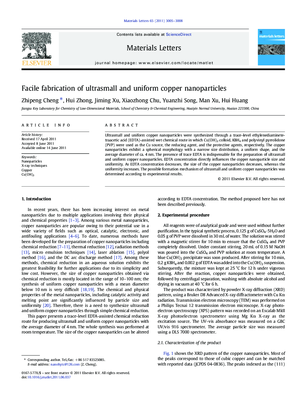 Facile fabrication of ultrasmall and uniform copper nanoparticles