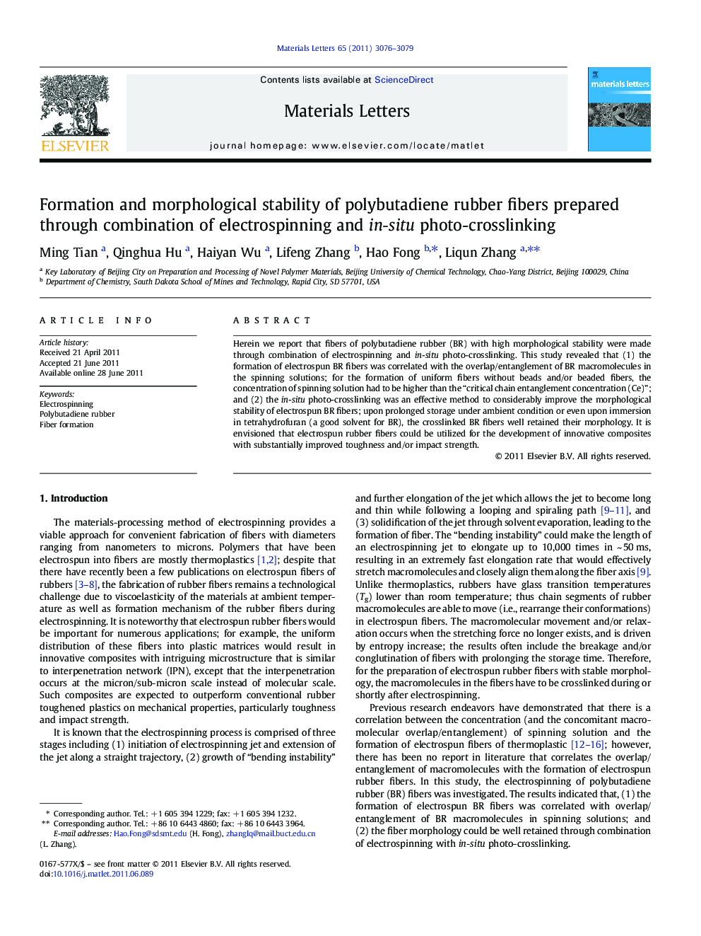 Formation and morphological stability of polybutadiene rubber fibers prepared through combination of electrospinning and in-situ photo-crosslinking