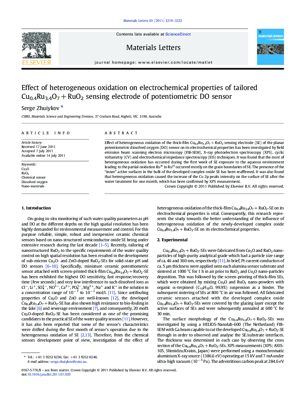 Effect of heterogeneous oxidation on electrochemical properties of tailored Cu0.4Ru3.4O7Â +Â RuO2 sensing electrode of potentiometric DO sensor