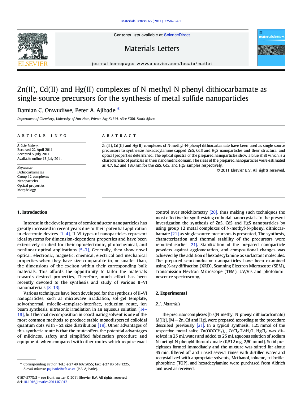 Zn(II), Cd(II) and Hg(II) complexes of N-methyl-N-phenyl dithiocarbamate as single-source precursors for the synthesis of metal sulfide nanoparticles