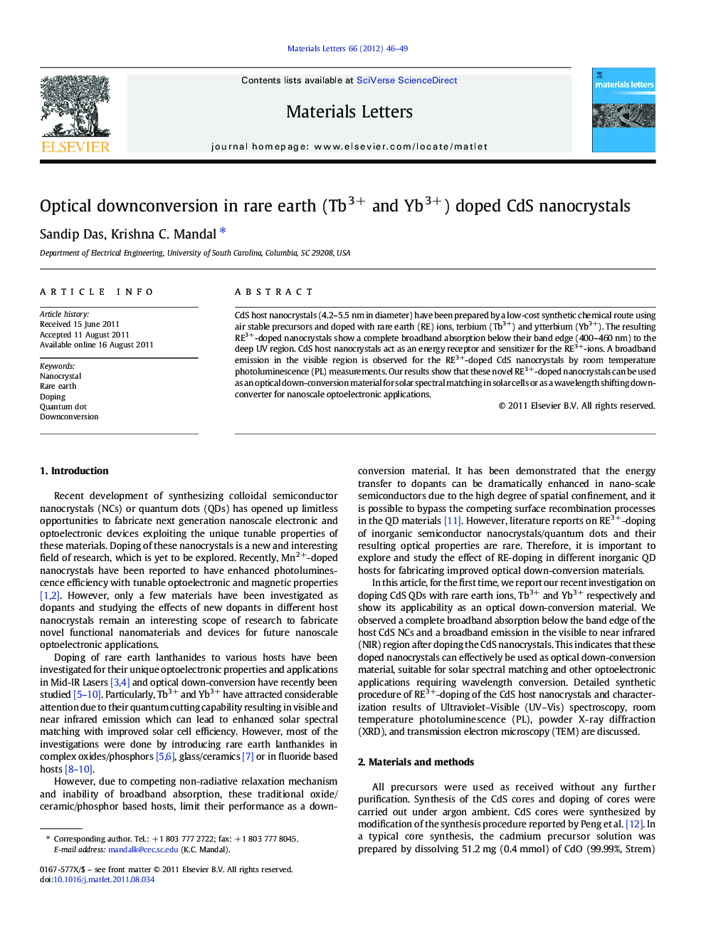 Optical downconversion in rare earth (Tb3+ and Yb3+) doped CdS nanocrystals