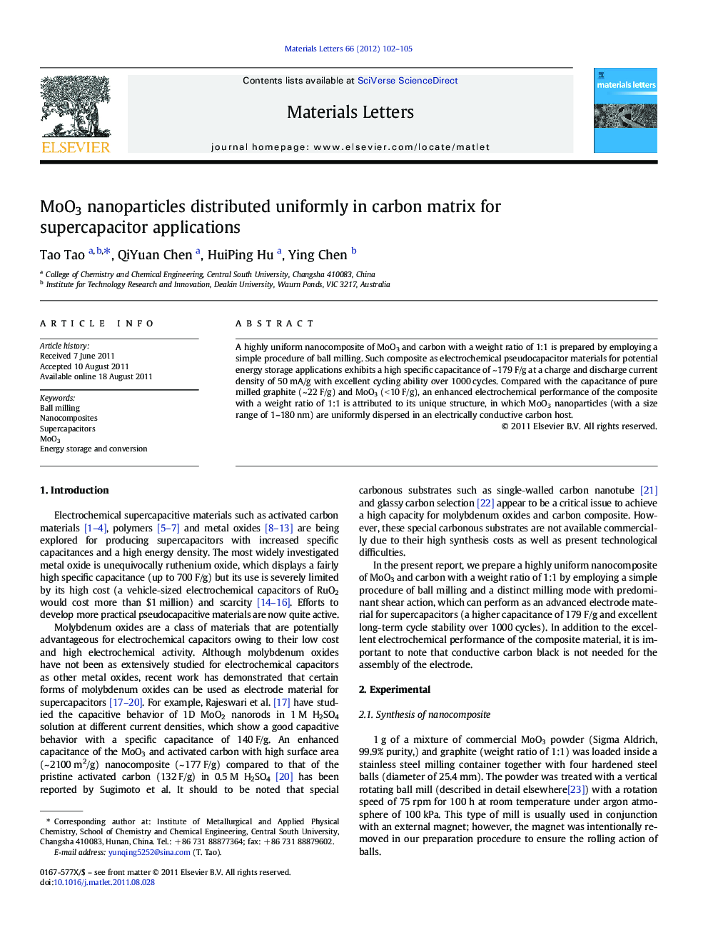 عکس صفحه اول مقاله: MoO3 nanoparticles distributed uniformly in carbon matrix for supercapacitor applications MoO3 nanoparticles distributed uniformly in carbon matrix for supercapacitor applications
