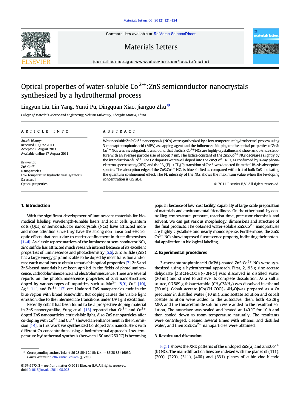 Optical properties of water-soluble Co2+:ZnS semiconductor nanocrystals synthesized by a hydrothermal process