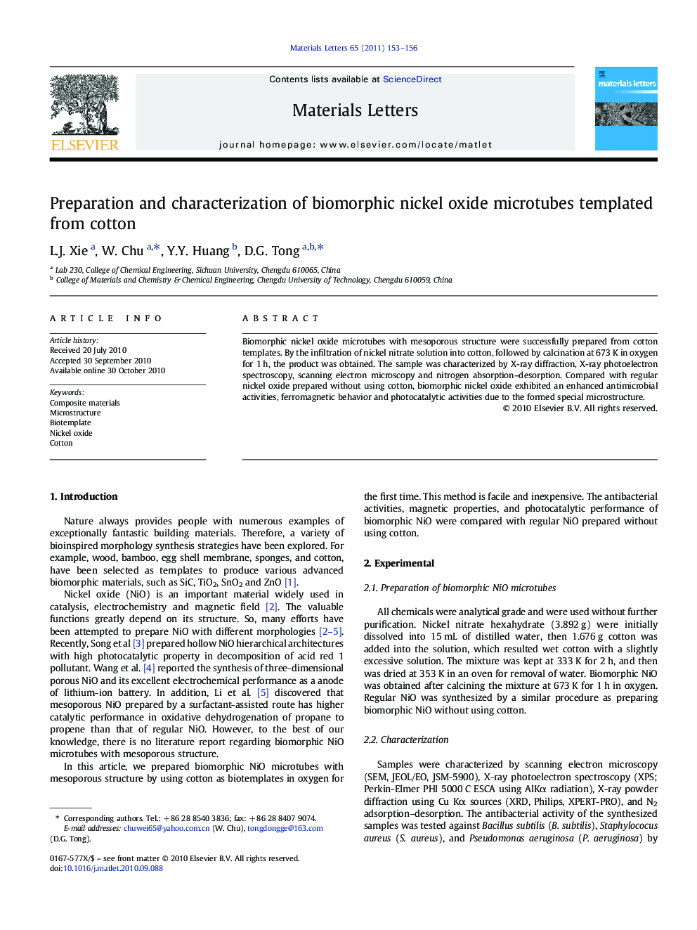 Preparation and characterization of biomorphic nickel oxide microtubes templated from cotton