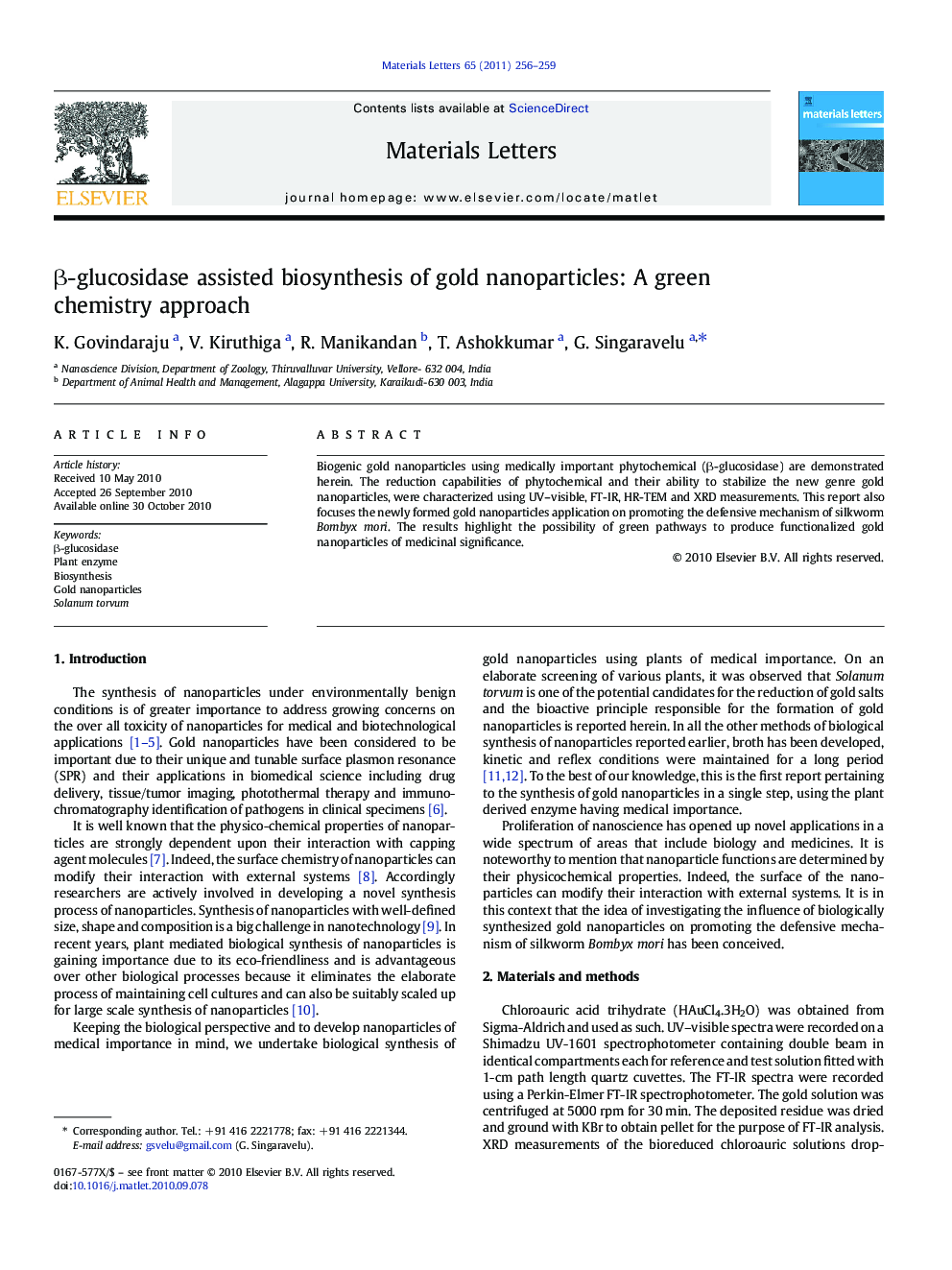 β-glucosidase assisted biosynthesis of gold nanoparticles: A green chemistry approach