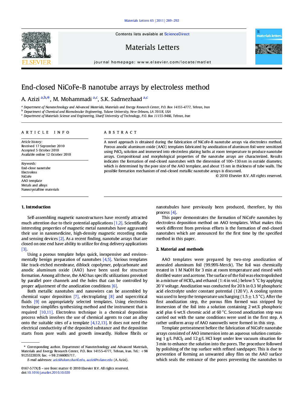 End-closed NiCoFe-B nanotube arrays by electroless method