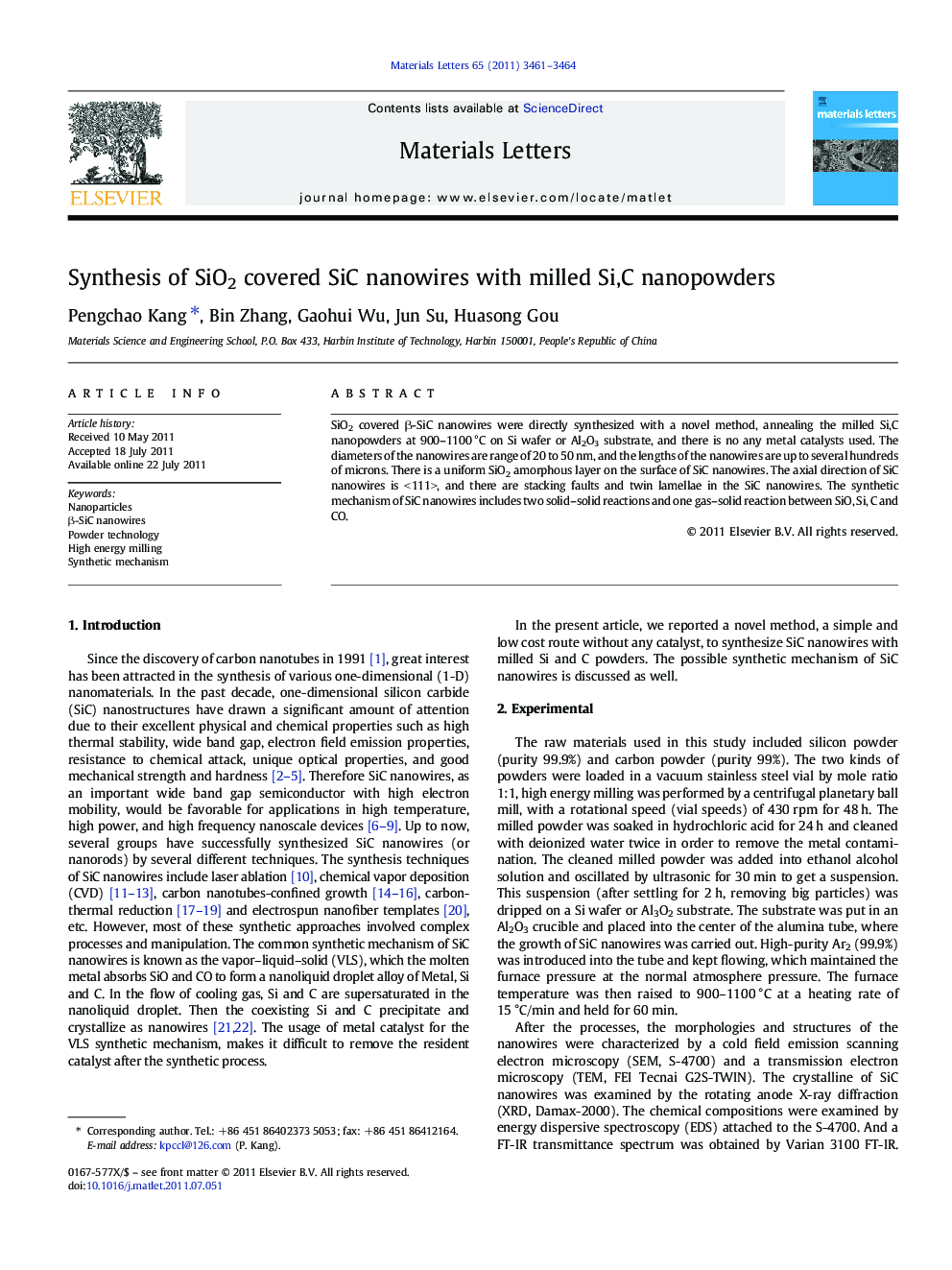 Synthesis of SiO2 covered SiC nanowires with milled Si,C nanopowders