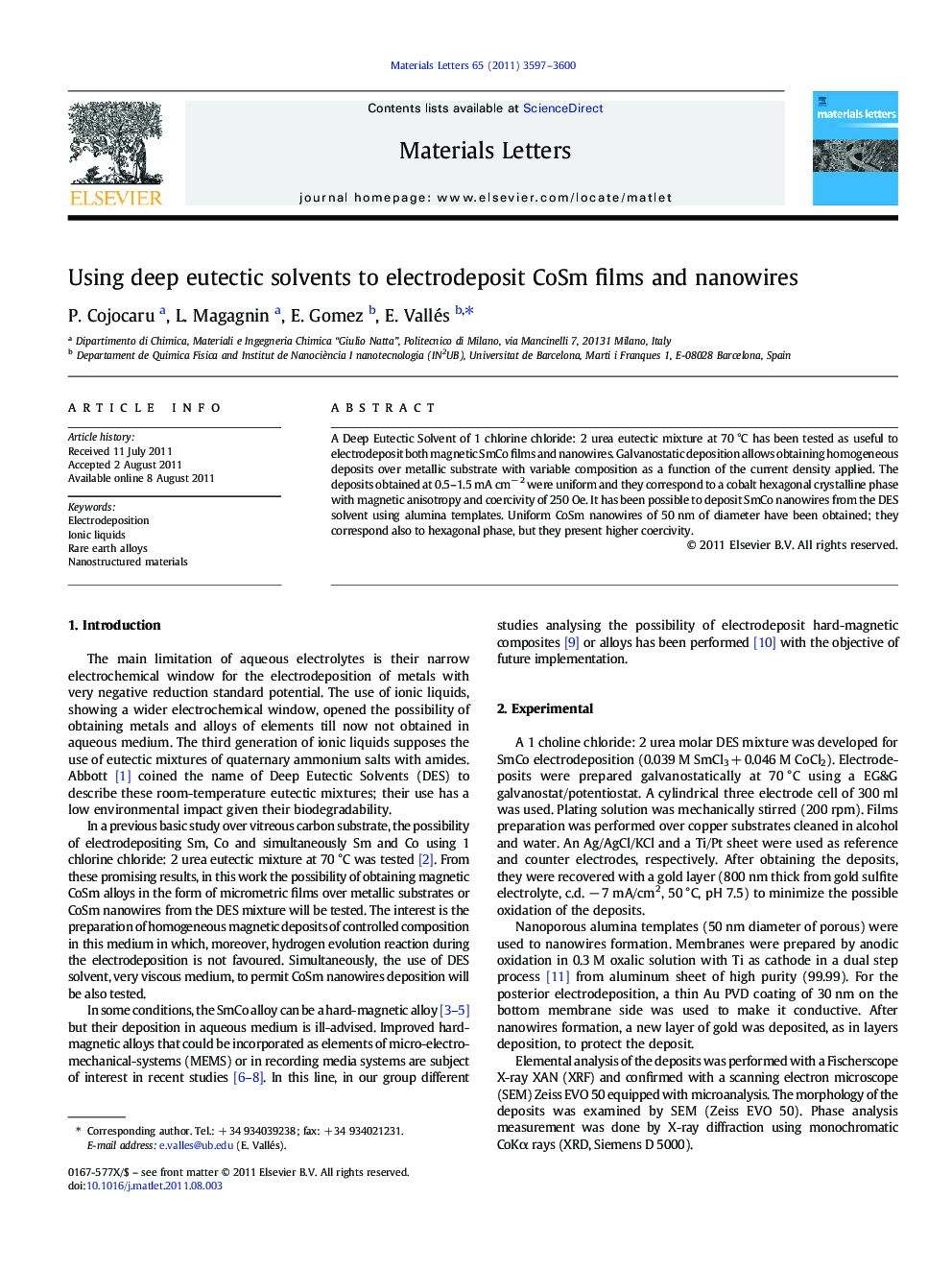 Using deep eutectic solvents to electrodeposit CoSm films and nanowires