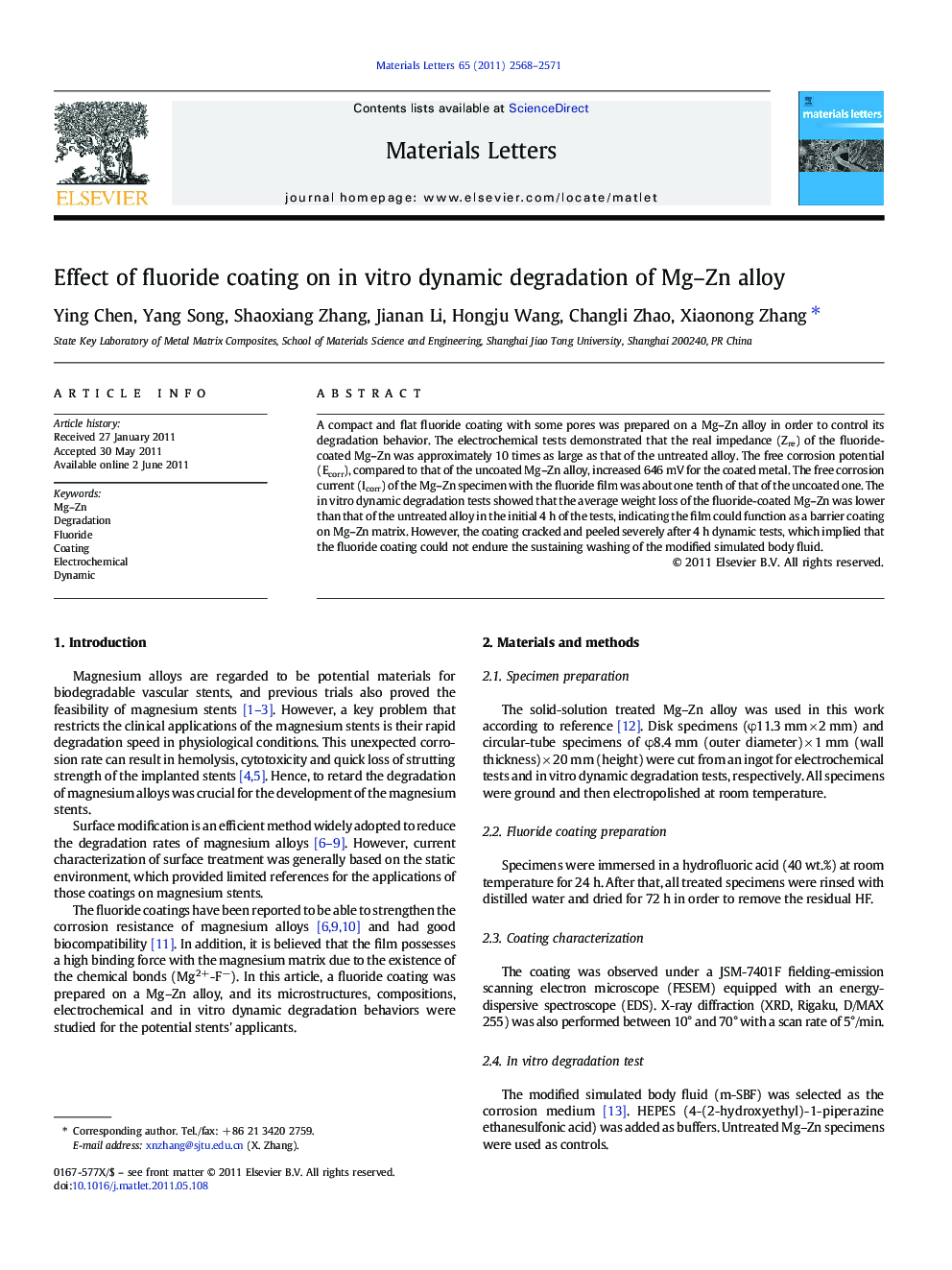 Effect of fluoride coating on in vitro dynamic degradation of Mg–Zn alloy