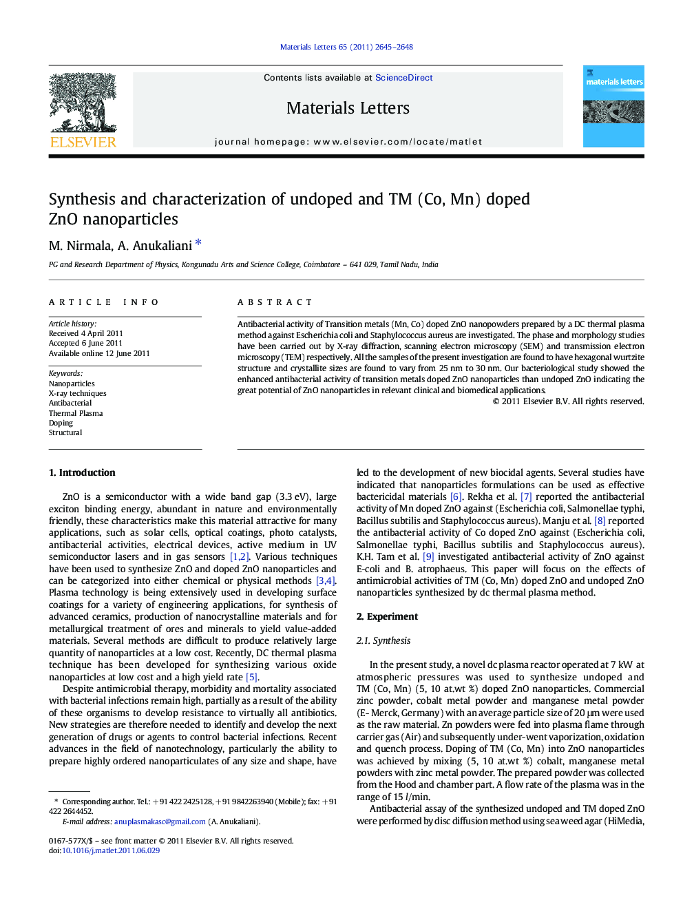 Synthesis and characterization of undoped and TM (Co, Mn) doped ZnO nanoparticles