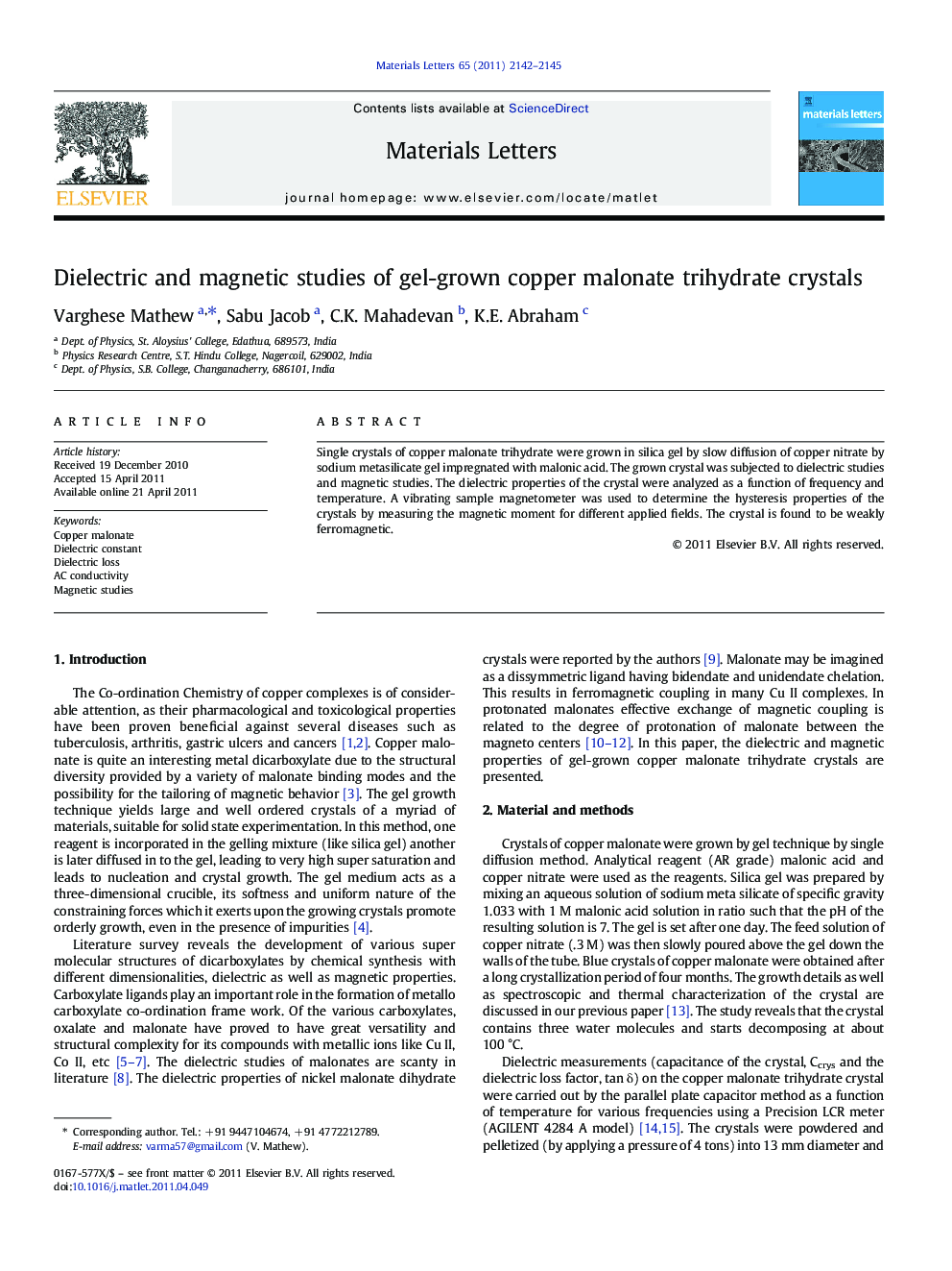 Dielectric and magnetic studies of gel-grown copper malonate trihydrate crystals