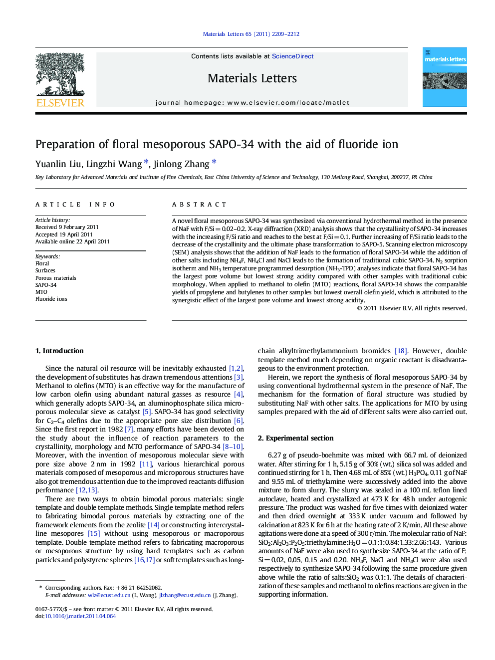 Preparation of floral mesoporous SAPO-34 with the aid of fluoride ion