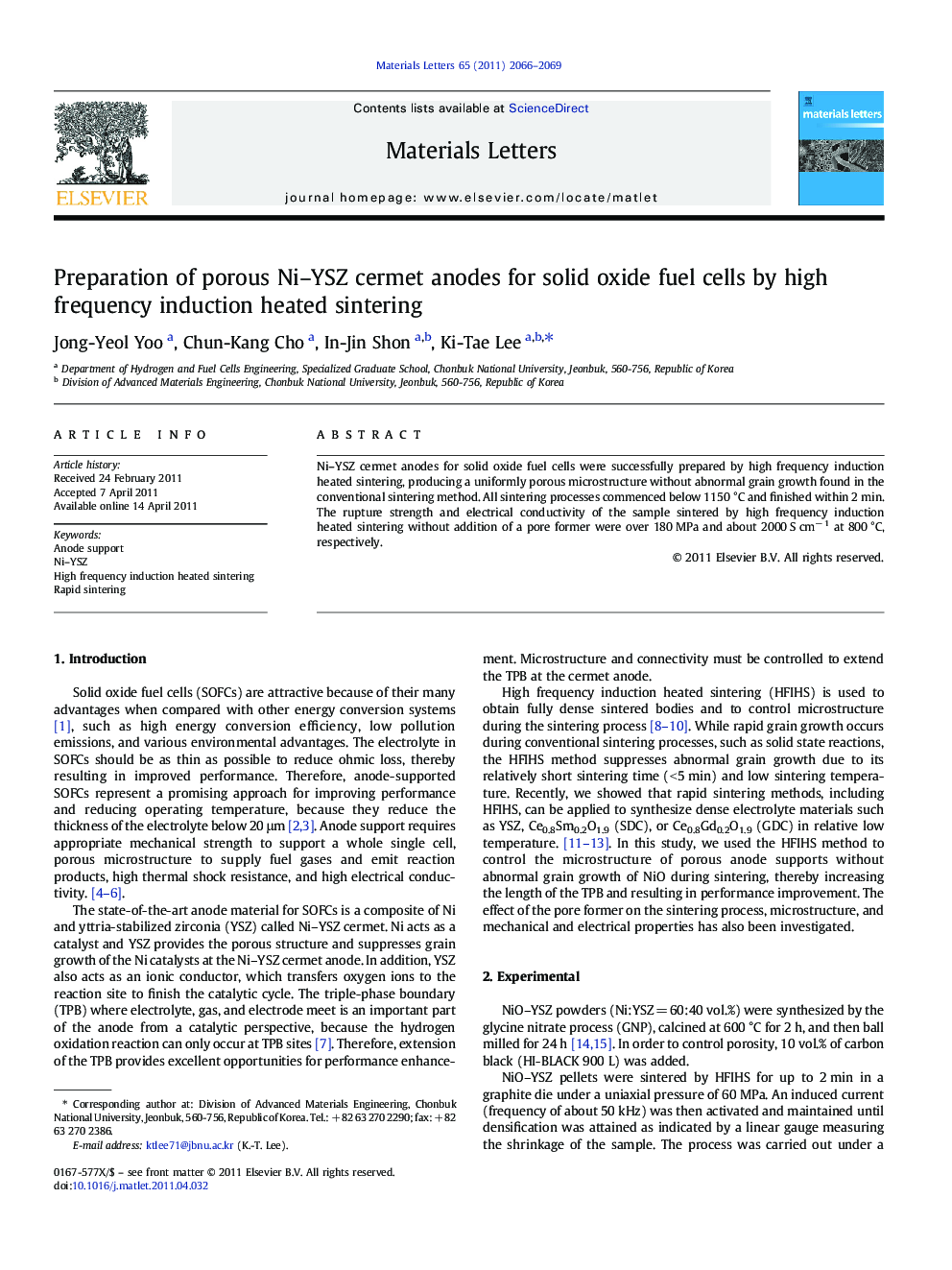 Preparation of porous Ni–YSZ cermet anodes for solid oxide fuel cells by high frequency induction heated sintering