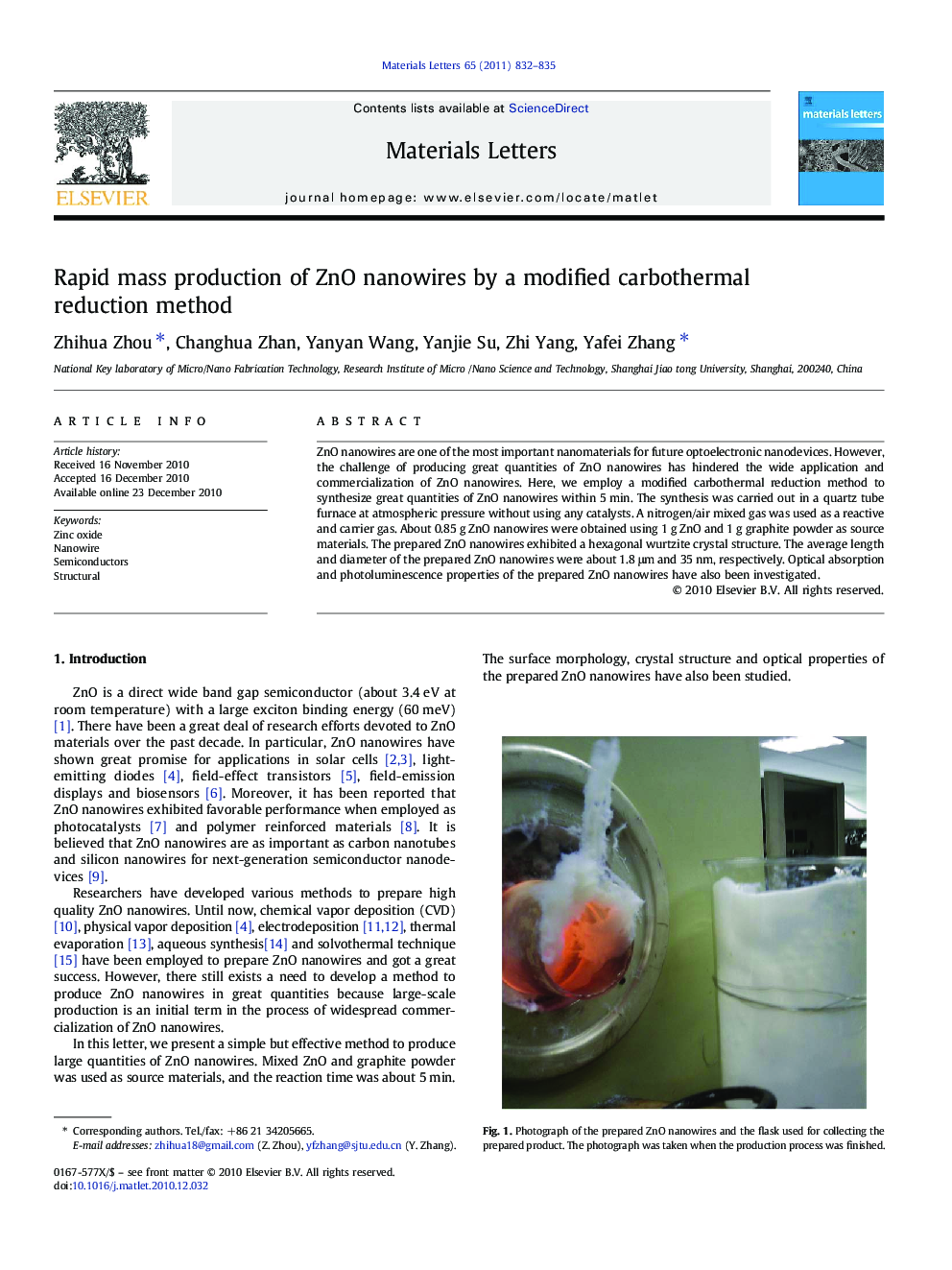 Rapid mass production of ZnO nanowires by a modified carbothermal reduction method